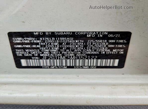 JF2GTHMC5MH352122 2021 SUBARU CROSSTREK White VIN sticker view
