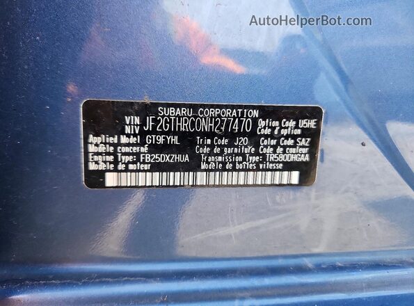 JF2GTHRC0NH277470 2022 SUBARU CROSSTREK Blue Widok naklejki z numerem VIN