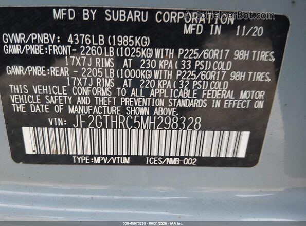 JF2GTHRC5MH298328 2021 SUBARU CROSSTREK Light Blue Widok komory silnika