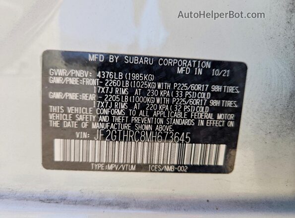 JF2GTHRC8MH673645 2021 SUBARU CROSSTREK White Սալոնի 360 աստիճան տեսք