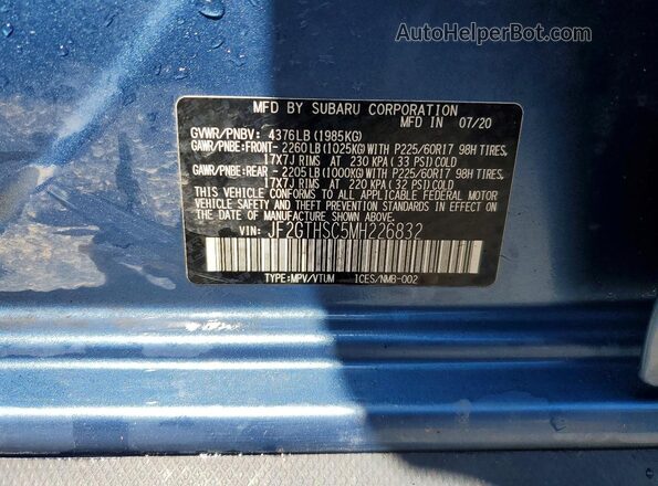 JF2GTHSC5MH226832 2021 SUBARU CROSSTREK Blue VIN կոդի պիտակի տեսք