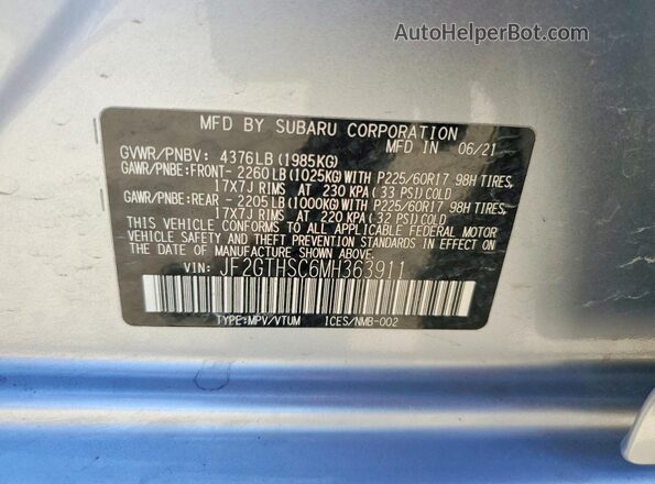 JF2GTHSC6MH363911 2021 SUBARU CROSSTREK Серебряный Панорамный вид салона 360°