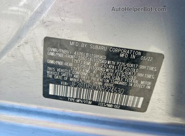 JF2GTHSCXNH224530 2022 SUBARU CROSSTREK Silver VIN կոդի պիտակի տեսք
