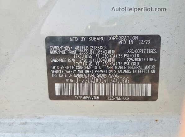 JF2GUADC0RH340066 2024 SUBARU CROSSTREK White Vista del compartimento del motor