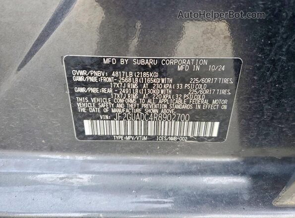JF2GUADC4R8902700 2024 SUBARU CROSSTREK Charcoal Vista de la etiqueta del VIN