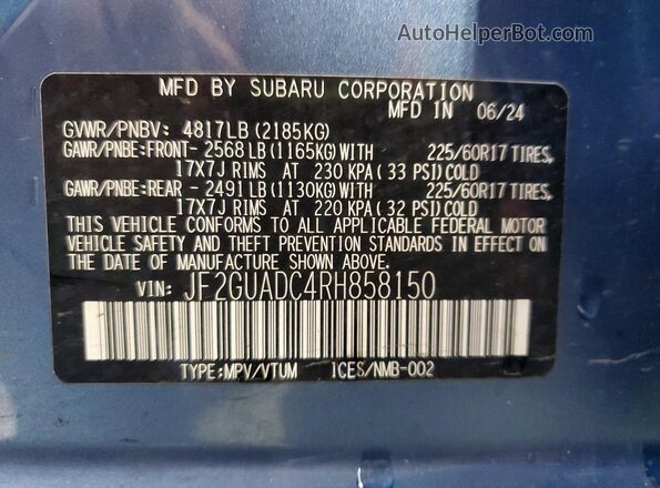 JF2GUADC4RH858150 2024 SUBARU CROSSTREK Blue Շարժիչի բաժամունքի տեսք