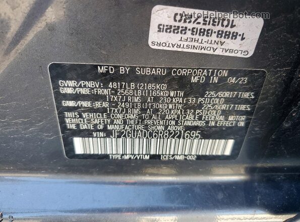 JF2GUADC6R8221695 2024 SUBARU CROSSTREK Gray Widok naklejki z numerem VIN