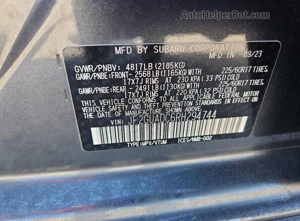 JF2GUADC6RH294744 2024 SUBARU CROSSTREK Gray 360 interior view