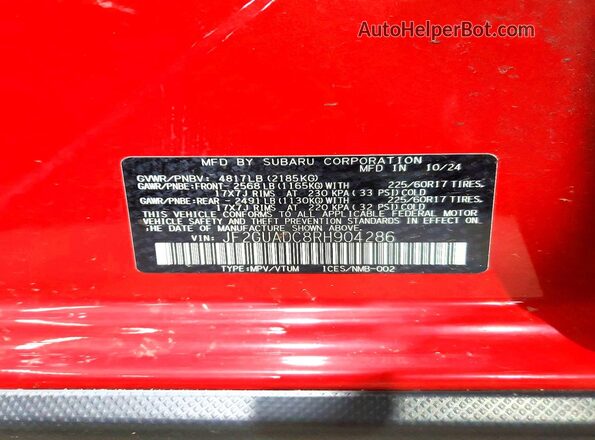 JF2GUADC8RH904286 2024 SUBARU CROSSTREK Red VIN sticker view