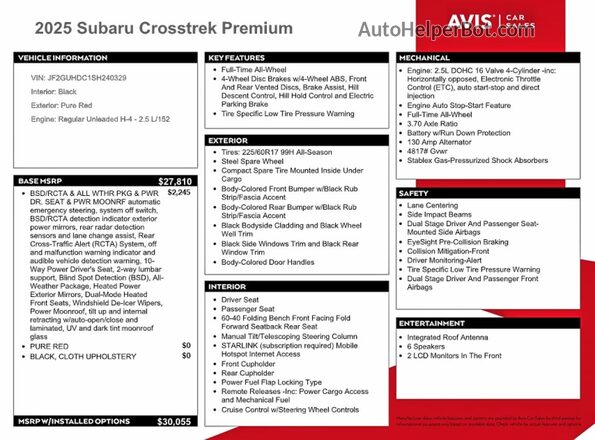 JF2GUHDC1SH240329 2025 SUBARU CROSSTREK Red Vista de la etiqueta del VIN