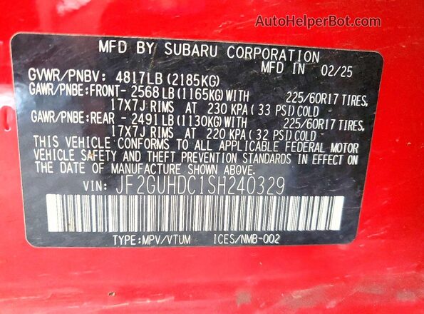 JF2GUHDC1SH240329 2025 SUBARU CROSSTREK Red Vista interior de 360 grados