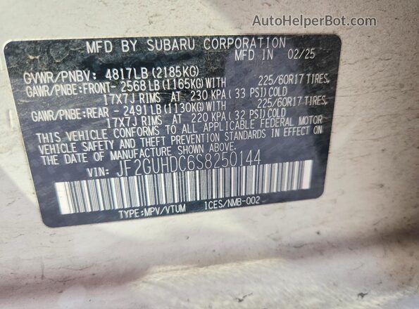 JF2GUHDC6S8250144 2025 SUBARU CROSSTREK White VIN կոդի պիտակի տեսք