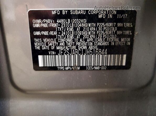 JF2SJABC1JH516844 2018 SUBARU FORESTER Silver VIN კოდის სტიკერის ხედი