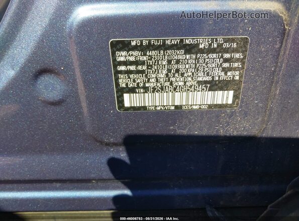 JF2SJABC4GH549457 2016 SUBARU FORESTER Blue ძრავის განყოფილების ხედი