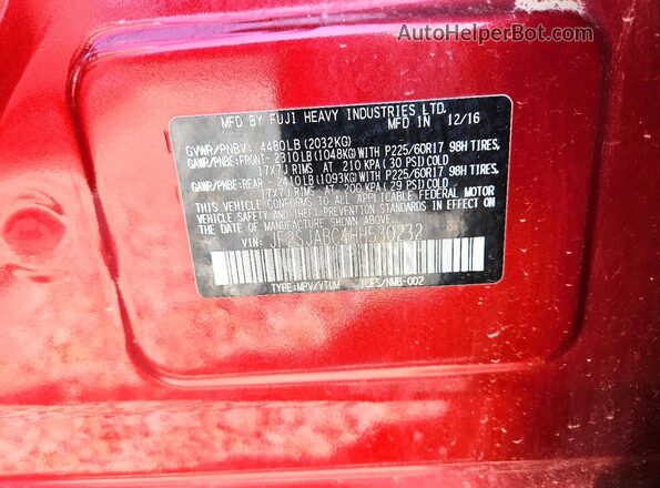 JF2SJABC4HH530232 2017 SUBARU FORESTER Red Widok naklejki z numerem VIN