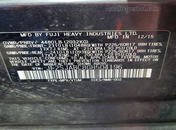 JF2SJABC8GH504196 2016 SUBARU FORESTER Blue VIN კოდის სტიკერის ხედი