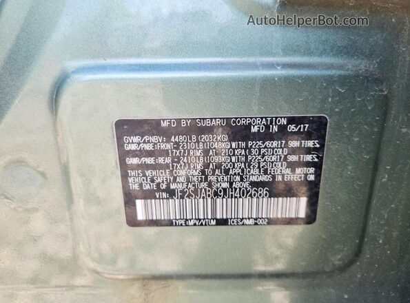 JF2SJABC9JH402686 2018 SUBARU FORESTER Green VIN კოდის სტიკერის ხედი