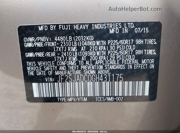 JF2SJADC0GH431175 2016 SUBARU FORESTER Gold Вид підкапотного простору