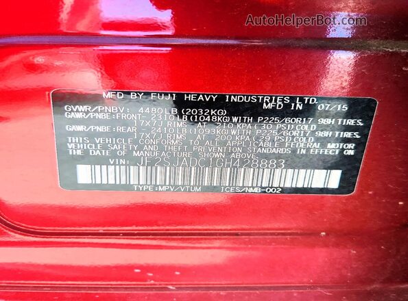 JF2SJADC1GH428883 2016 SUBARU FORESTER Burgundy Widok naklejki z numerem VIN