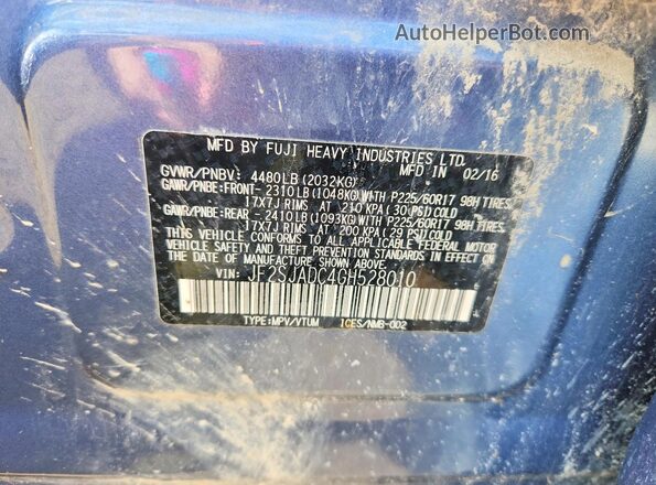 JF2SJADC4GH528010 2016 SUBARU FORESTER Blue VIN sticker view