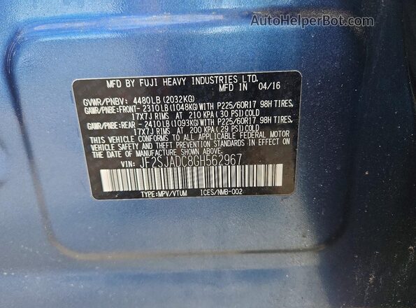 JF2SJADC8GH562967 2016 SUBARU FORESTER Синий Вид наклейки с VIN-кодом