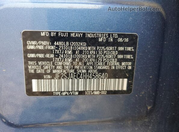 JF2SJAEC4HH458640 2017 SUBARU FORESTER Blue Widok naklejki z numerem VIN