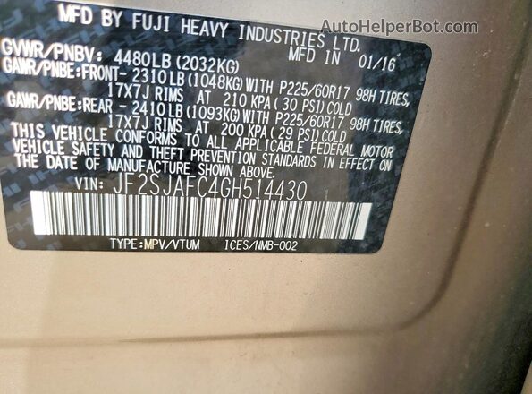 JF2SJAFC4GH514430 2016 SUBARU FORESTER Tan VIN კოდის სტიკერის ხედი