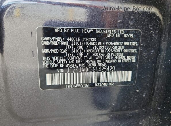 JF2SJAGC3GH425429 2016 SUBARU FORESTER Charcoal VIN კოდის სტიკერის ხედი