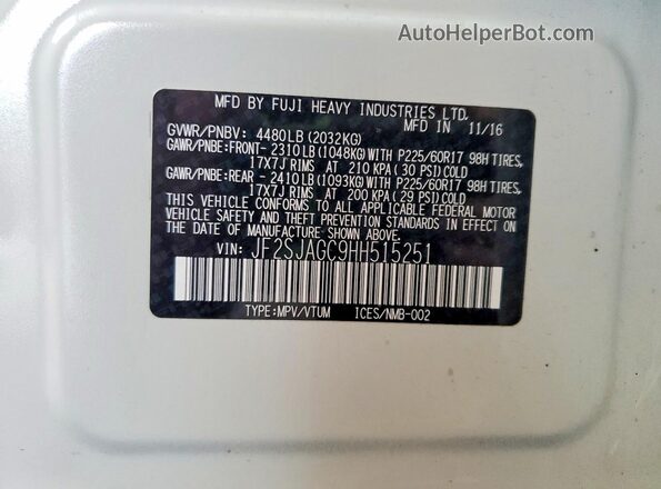 JF2SJAGC9HH515251 2017 SUBARU FORESTER White Widok naklejki z numerem VIN