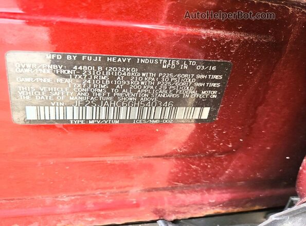 JF2SJAHC6GH540346 2016 SUBARU FORESTER Red Widok naklejki z numerem VIN
