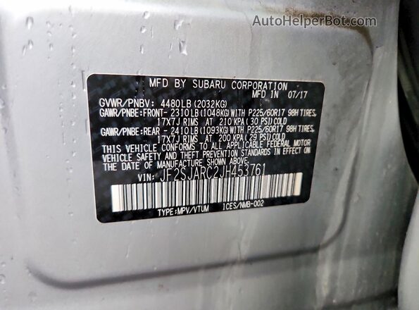 JF2SJARC2JH453761 2018 SUBARU FORESTER Серебряный Вид наклейки с VIN-кодом