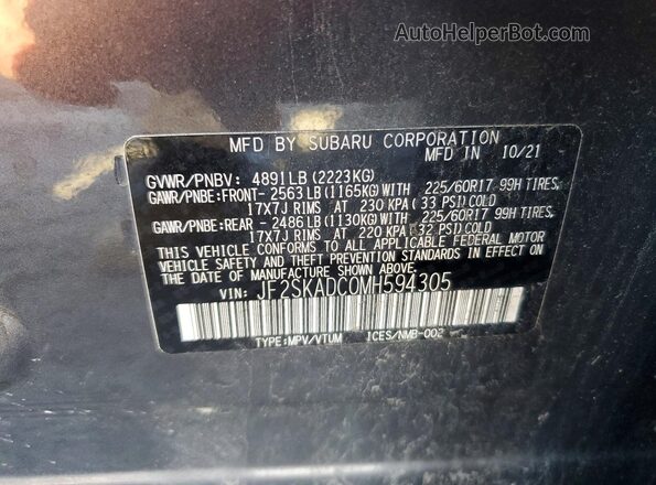 JF2SKADC0MH594305 2021 SUBARU FORESTER Charcoal Vista de la etiqueta del VIN
