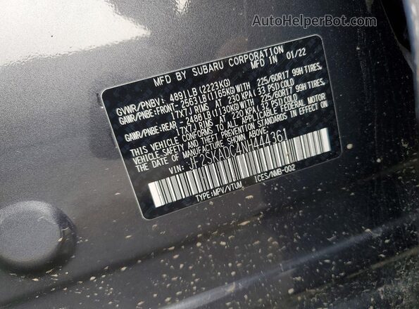 JF2SKADC4NH444361 2022 SUBARU FORESTER Charcoal VIN კოდის სტიკერის ხედი