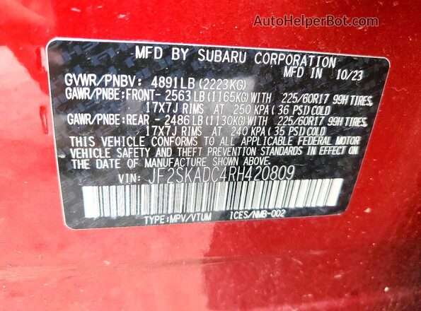 JF2SKADC4RH420809 2024 SUBARU FORESTER Red VIN sticker view