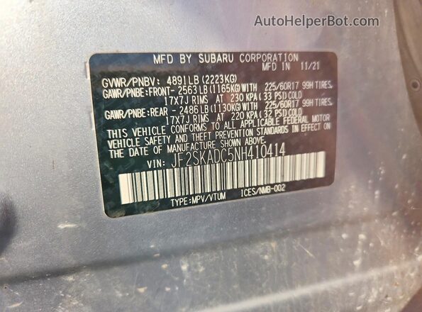 JF2SKADC5NH410414 2022 SUBARU FORESTER Silver VIN კოდის სტიკერის ხედი