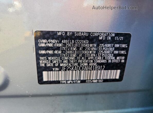 JF2SKADC6NH418912 2022 SUBARU FORESTER Silver Панорамний вид салону 360°