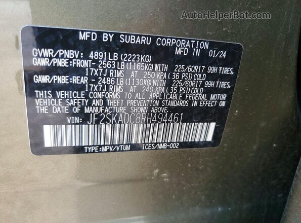 JF2SKADC8RH494461 2024 SUBARU FORESTER Green VIN კოდის სტიკერის ხედი