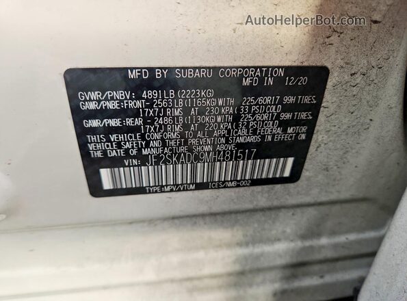JF2SKADC9MH481517 2021 SUBARU FORESTER White VIN կոդի պիտակի տեսք