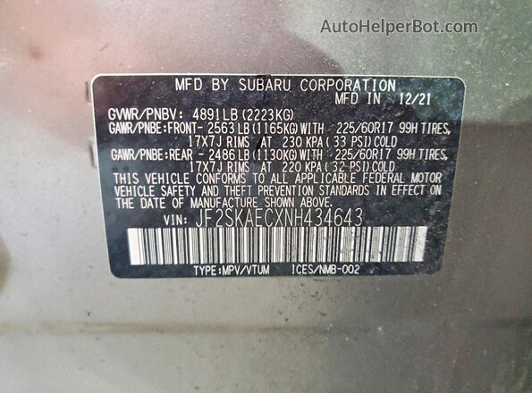 JF2SKAECXNH434643 2022 SUBARU FORESTER Brown ძრავის განყოფილების ხედი