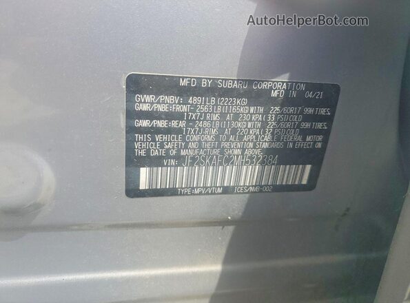 JF2SKAFC2MH532384 2021 SUBARU FORESTER Gray VIN კოდის სტიკერის ხედი
