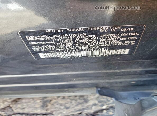 JF2SKAGC7KH422801 2019 SUBARU FORESTER Gray Vista de la etiqueta del VIN