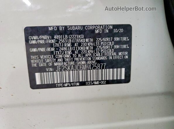 JF2SKAJC6MH425877 2021 SUBARU FORESTER White ძრავის განყოფილების ხედი