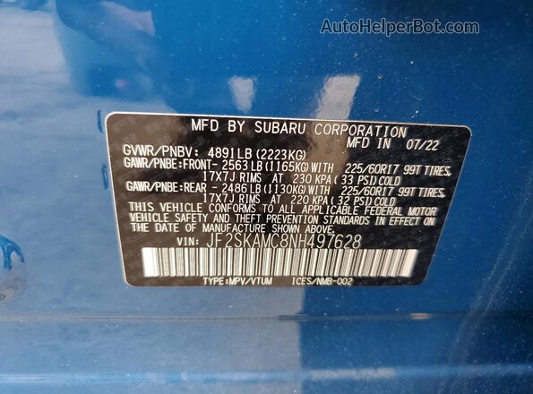 JF2SKAMC8NH497628 2022 SUBARU FORESTER Blue VIN კოდის სტიკერის ხედი
