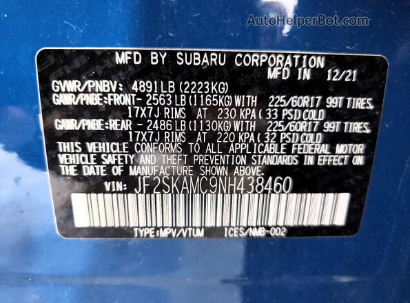 JF2SKAMC9NH438460 2022 SUBARU FORESTER Blue ძრავის განყოფილების ხედი