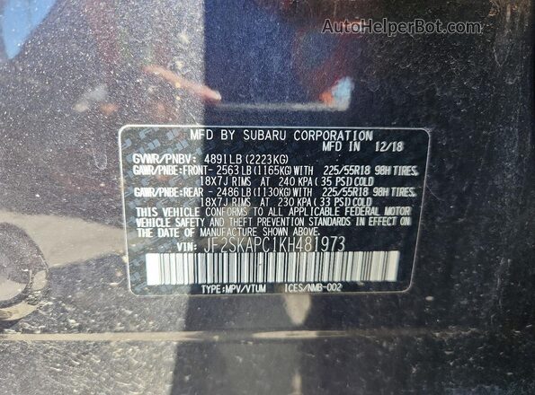 JF2SKAPC1KH481973 2019 SUBARU FORESTER Charcoal Widok naklejki z numerem VIN