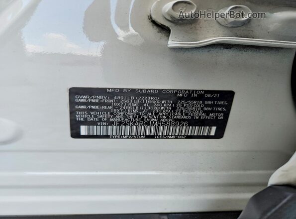JF2SKARC1MH588926 2021 SUBARU FORESTER White VIN კოდის სტიკერის ხედი