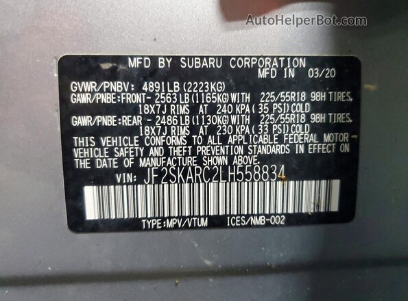 JF2SKARC2LH558834 2020 SUBARU FORESTER Silver VIN կոդի պիտակի տեսք