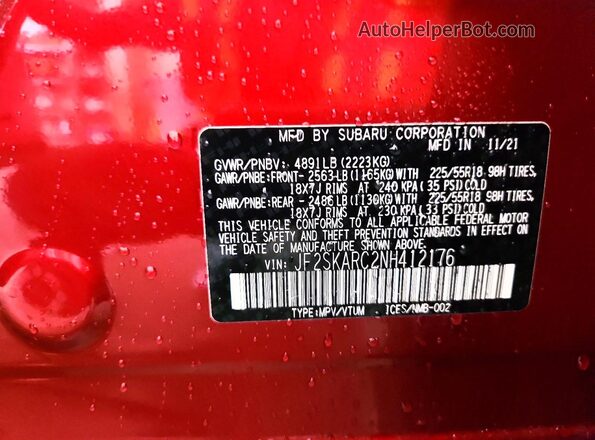 JF2SKARC2NH412176 2022 SUBARU FORESTER Burgundy VIN კოდის სტიკერის ხედი