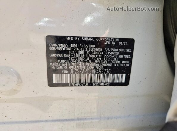 JF2SKARC3MH493736 2021 SUBARU FORESTER White VIN კოდის სტიკერის ხედი