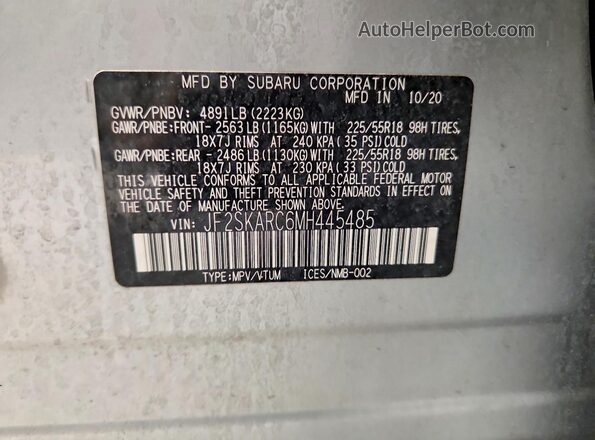 JF2SKARC6MH445485 2021 SUBARU FORESTER Silver VIN կոդի պիտակի տեսք
